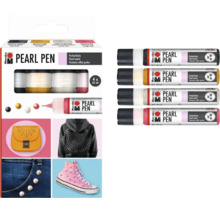 Marabu Pearl Pen set met 4 parelverfpennen van elk 25 milliliter voor creatieve textielversieringen en decoraties.
