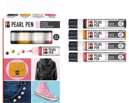 Marabu Pearl Pen set met 4 parelverfpennen van elk 25 milliliter voor creatieve textielversieringen en decoraties.