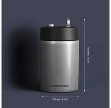 Dennerle CO2 voorraadfles van metaal met aansluitventielen, 195 millimeter hoog en 105 millimeter in diameter.