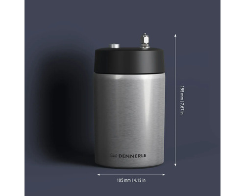 Dennerle CO2 voorraadfles van metaal met aansluitventielen, 195 millimeter hoog en 105 millimeter in diameter.