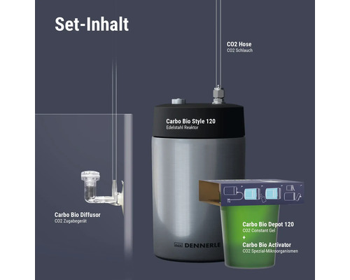 Dennerle Carbo Bio Style 120 CO2 bemestingsset met roestvrijstalen reactor, diffuser, slang en CO2 depot voor aquaria.