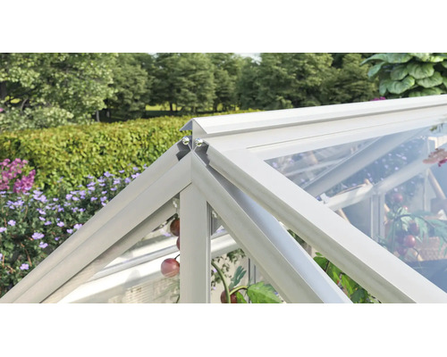 Detailopname van het aluminium nokprofiel van een kas met hoekverbinding in de tuin.