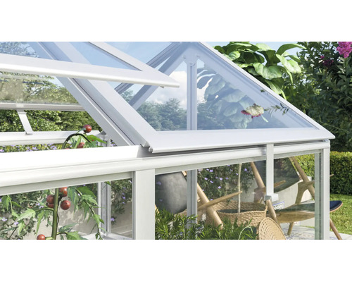 Geopend dakraam van een kas met aluminium frame en glazen panelen, met zicht op tuinplanten en tomaten.