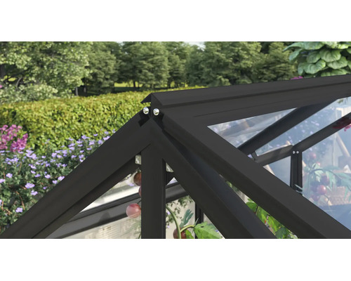 Detailopname van de nok van een kas met een donker aluminium frame en transparante beglazing tegen een achtergrond van een tuin.