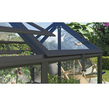 Detailopname van een kas met dakraam en transparante glasplaten in een tuin.