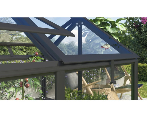 Detailopname van een kas met dakraam en transparante glasplaten in een tuin.