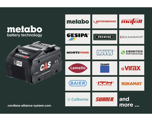 Metabo LiHD accu met Cordless Alliance System logo en logo's van de deelnemende partnermerken.