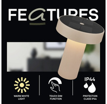 Led tafellamp met zonne-energie, dimbaar, warm wit licht en beschermingsklasse IP44 voor buitengebruik.