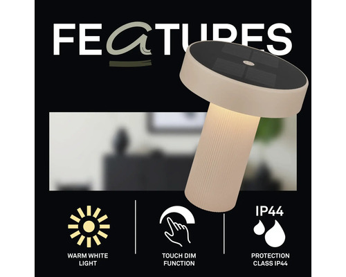 Led tafellamp met zonne-energie, dimbaar, warm wit licht en beschermingsklasse IP44 voor buitengebruik.