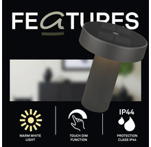 Moderne led tafellamp met touch dimfunctie, warm wit licht en beschermingsklasse IP44 voor binnen en buiten.