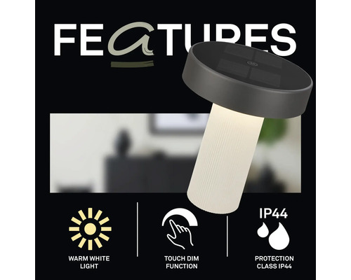 LED tafellamp met touch dimfunctie, warm wit licht en beschermingsklasse IP44 voor binnen en buiten.