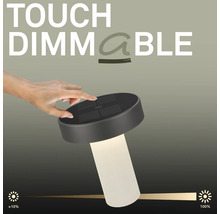 Een hand bedient de touch dimfunctie van een moderne lamp met traploze helderheidsregeling van 10 tot 100 procent.
