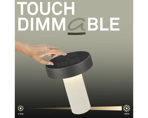 Een hand bedient de touch dimfunctie van een moderne lamp met traploze helderheidsregeling van 10 tot 100 procent.