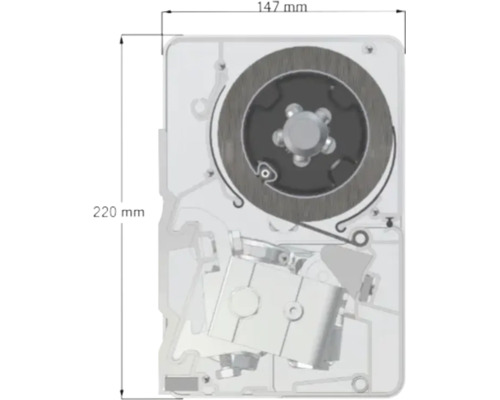 Technisch schema van een rolluikbandopwinder met afmetingen van 147 millimeter breed en 220 millimeter hoog.