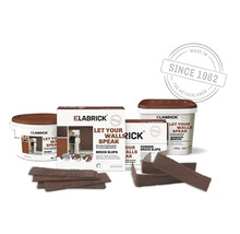 Elabrick steenstrips set met lijmmortel, voorstrijk, hoekstrips en vlakke strips voor wandafwerking.