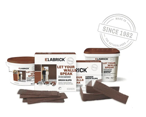 Elabrick steenstrips set met lijmmortel, voorstrijk, hoekstrips en vlakke strips voor wandafwerking.