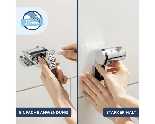 Montagehandleiding voor douchekophouder met lijmbevestiging voor eenvoudige wandmontage zonder boren.