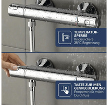 Grohe thermostatische douchekraan met 38 graden temperatuurbegrenzing en knop voor volumeregeling.