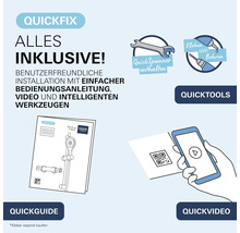 Infographic voor het Grohe QuickFix installatiesysteem met QuickSpanner, montagehandleiding, QR code voor installatievideo en lijm of booroptie.