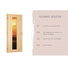 Geïsoleerde houten saunadeur met massief houten frame, isolatieglas en rolsluiting, links of rechts draaiend te monteren.