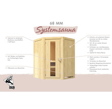 Systeemsauna van Scandinavisch vurenhout met 68 millimeter wanddikte inclusief bank en deur van Karibu