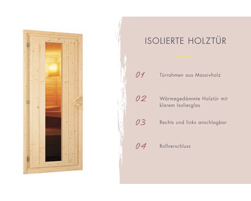 Geïsoleerde houten saunadeur met massief houten frame, isolatieglas en rolsluiting, links of rechts draaiend te monteren.