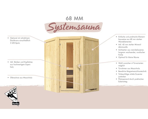 Systeemsauna van Scandinavisch vurenhout met 68 millimeter wanddikte inclusief bank en deur van Karibu
