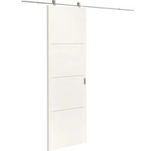 Witte schuifdeur met drie horizontale groeven en een metalen schuifdeursysteem met rails en rollers.