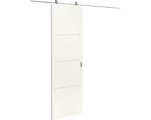 Witte schuifdeur met drie horizontale groeven en een metalen schuifdeursysteem met rails en rollers.
