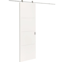 Witte schuifdeur met drie horizontale groeven en metalen schuifdeursysteem voor wandmontage.