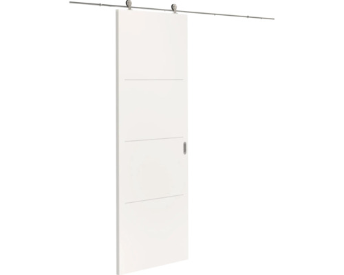 Witte schuifdeur met drie horizontale groeven en metalen schuifdeursysteem voor wandmontage.