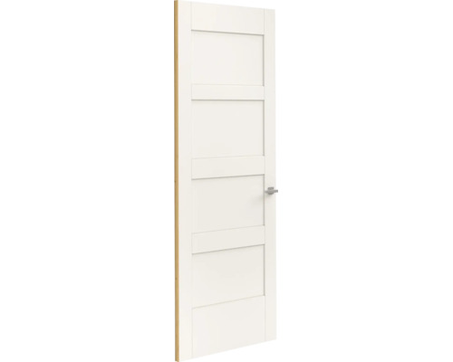 Witte binnendeur met drie paneelvlakken en horizontale regels inclusief deurklink.