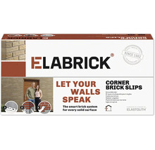 Elabrick hoeksteenstrips verpakking met toepassingsvoorbeelden en logo