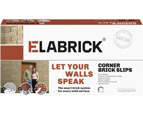 Elabrick hoeksteenstrips in verkoopverpakking met toepassingsvoorbeelden en fabrikantinformatie