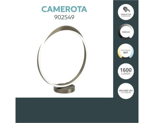 LED tafellamp Camerota 902549 met aanraakfunctie, dimbaar, instelbare lichtkleur en 1600 lumen, inclusief lichtbron.