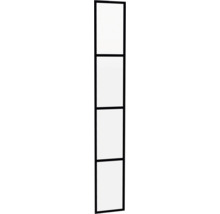 Hoog, smal glazen deurelement met zwart metalen frame en drie horizontale verdelingen.