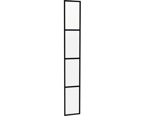 Hoog, smal glazen deurelement met zwart metalen frame en drie horizontale verdelingen.