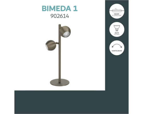 Tafellamp Bimeda 1 met twee kantelbare spots, snoerschakelaar en GU10 fitting.