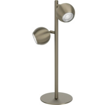 Moderne metalen vloerlamp met twee draaibare bolvormige spots op een verticale voet
