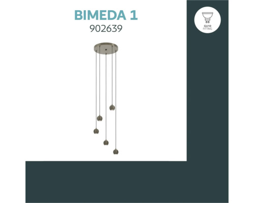 Vijflamps hanglamp Bimeda 1 met ronde plafondbevestiging en kleine bolvormige lichtkoppen voor GU10 lichtbronnen