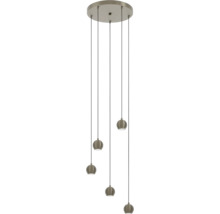 Moderne LED hanglamp met vijf ronde spots aan kabels en een ronde plafondbevestiging.