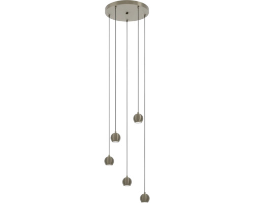 Moderne LED hanglamp met vijf ronde spots aan kabels en een ronde plafondbevestiging.