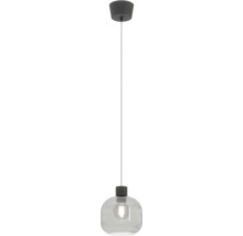 Moderne hanglamp met geribbelde glazen kap en textielsnoer voor plafondmontage.