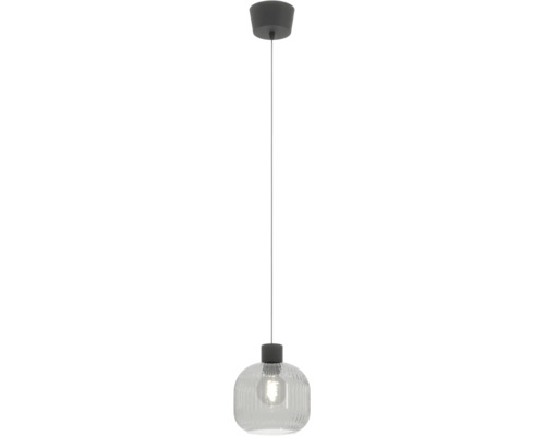 Moderne hanglamp met geribbelde glazen kap en textielsnoer voor plafondmontage.