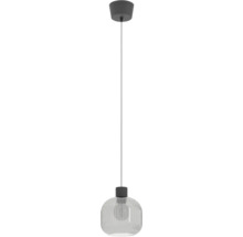 Moderne hanglamp met geribbelde glazen kap en ronde plafondbevestiging voor verlichting in woonruimtes.