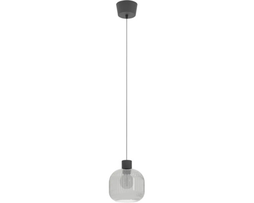 Moderne hanglamp met geribbelde glazen kap en ronde plafondbevestiging voor verlichting in woonruimtes.