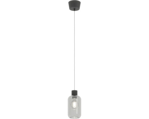 Moderne hanglamp met geribbelde glazen kap en cilindervormige plafondkap