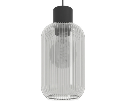 Hanglamp met cilindrische, geribbelde glazen kap en zichtbare lichtbron voor moderne binnenverlichting.