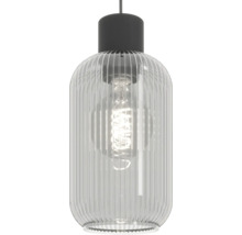 Moderne hanglamp met geribbelde glazen kap en decoratieve led filament lamp voor gebruik binnenshuis