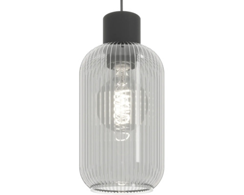 Moderne hanglamp met geribbelde glazen kap en decoratieve led filament lamp voor gebruik binnenshuis